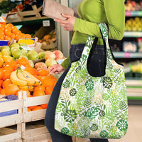 Green Aloha Hawaiian Grocery Bag Monstera Hibiscus Tropical Pattern