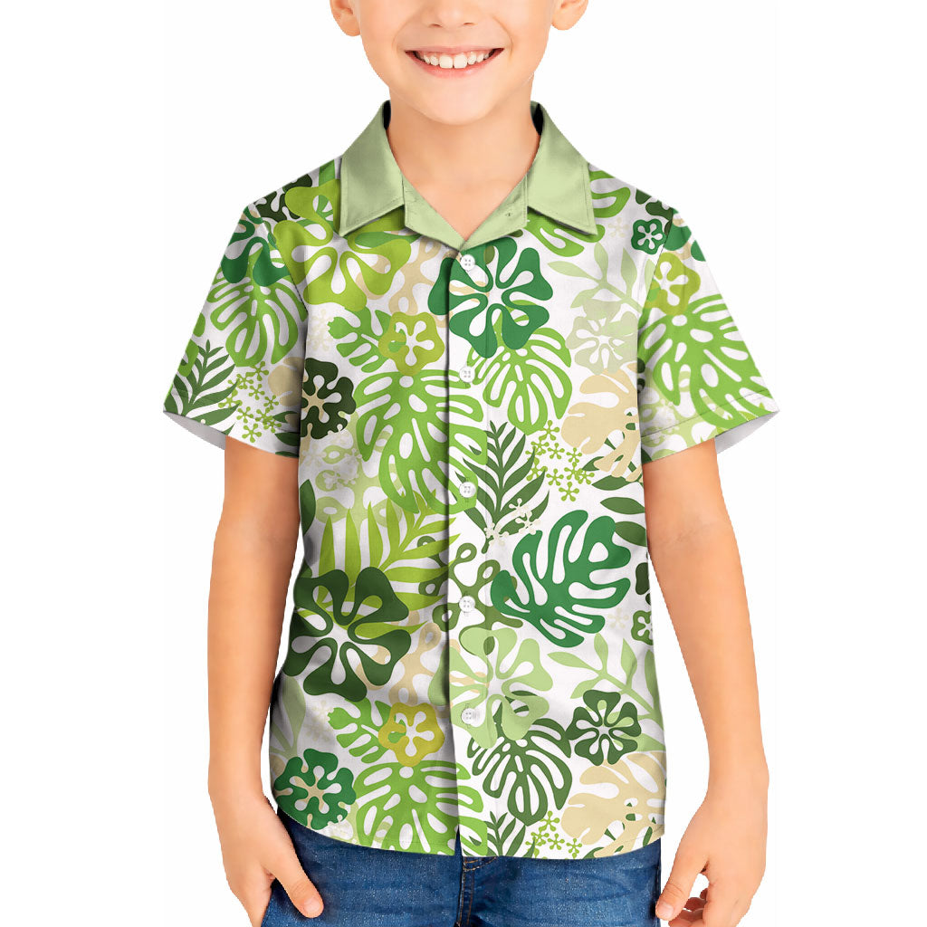 Green Aloha Hawaiian Kid Hawaiian Shirt Monstera Hibiscus Tropical Pattern