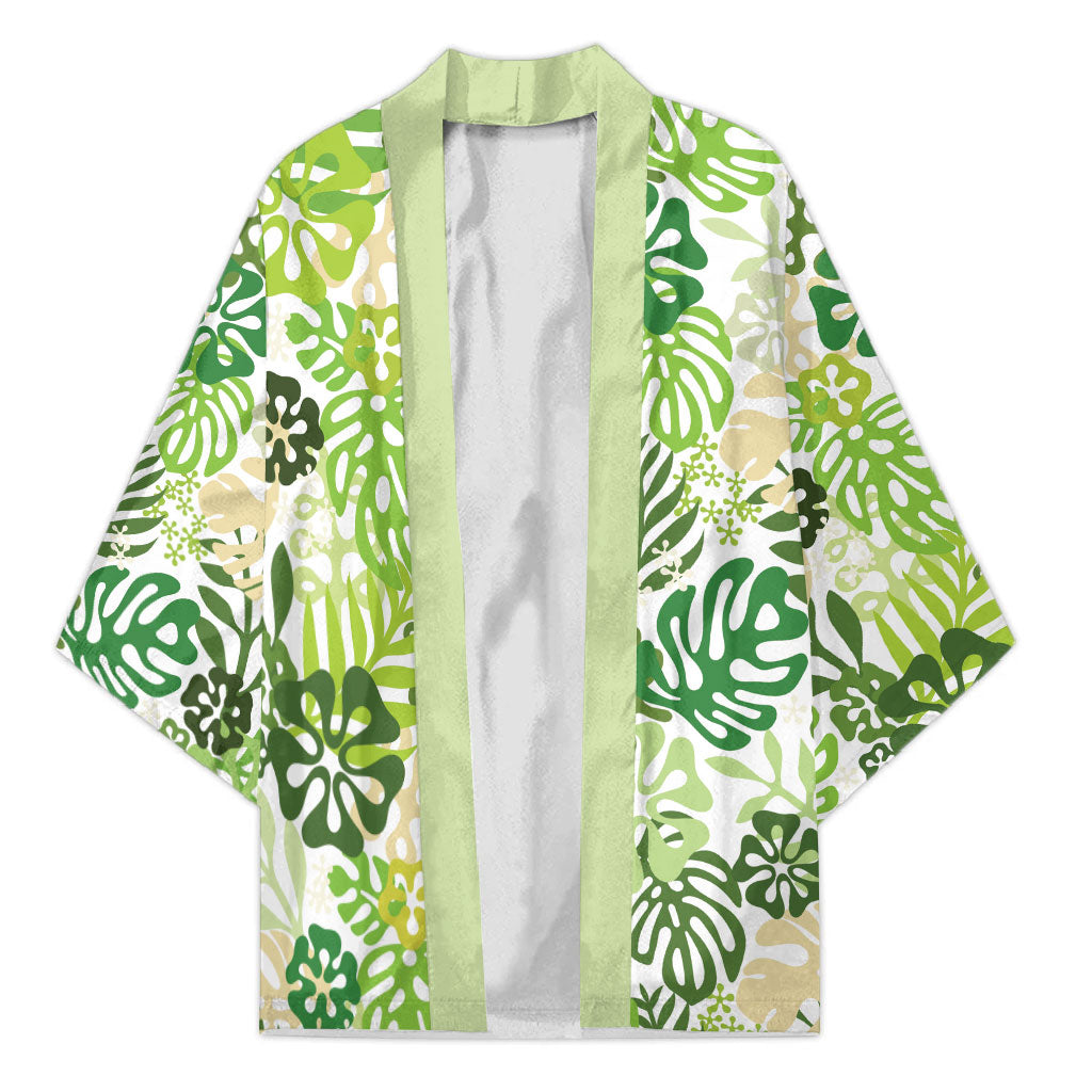 Green Aloha Hawaiian Kimono Monstera Hibiscus Tropical Pattern