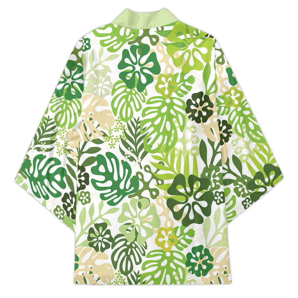 Green Aloha Hawaiian Kimono Monstera Hibiscus Tropical Pattern