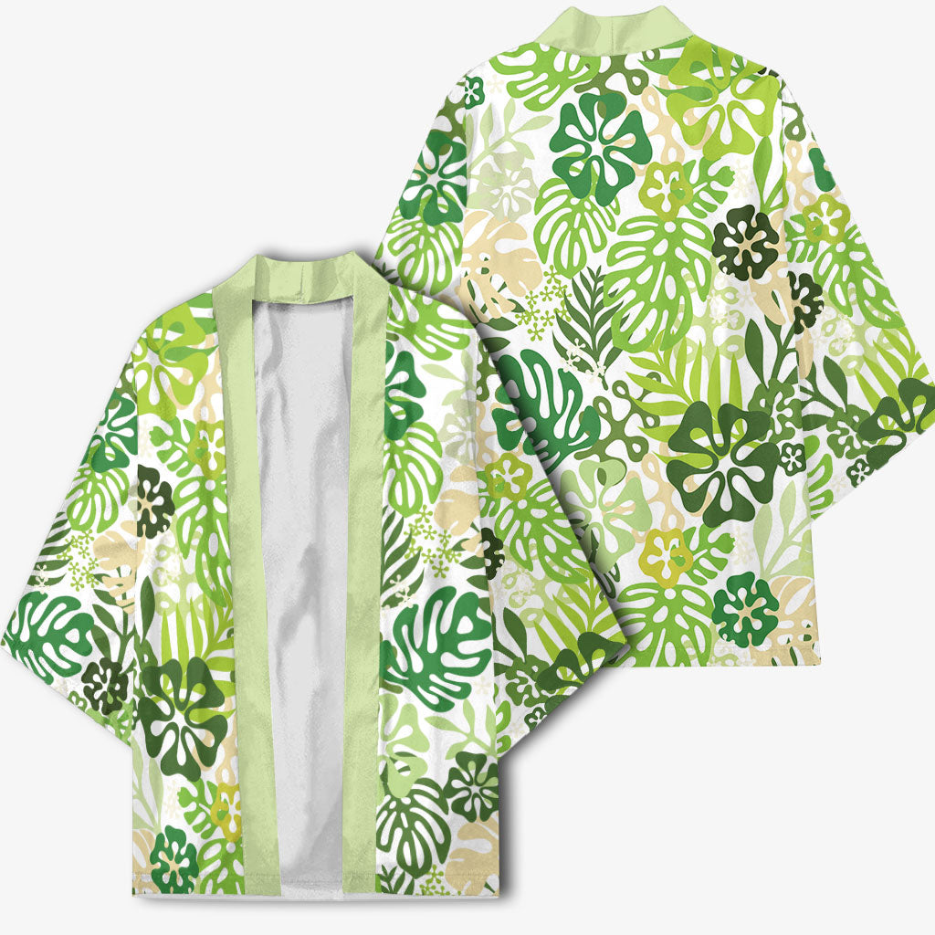 Green Aloha Hawaiian Kimono Monstera Hibiscus Tropical Pattern