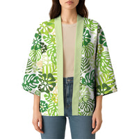 Green Aloha Hawaiian Kimono Monstera Hibiscus Tropical Pattern