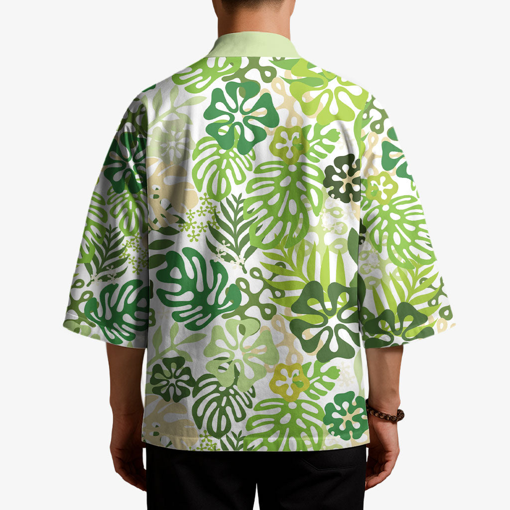 Green Aloha Hawaiian Kimono Monstera Hibiscus Tropical Pattern