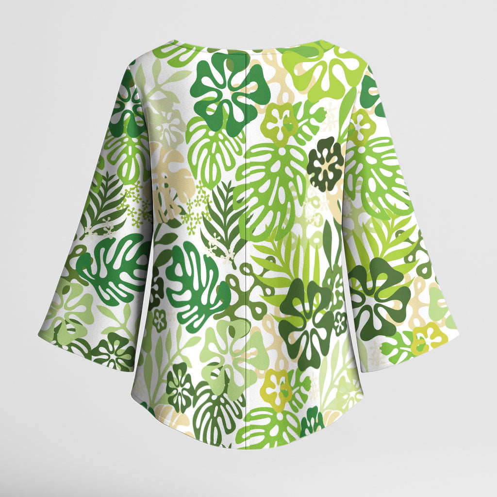 Green Aloha Hawaiian Kimono Sleeve Blouse Monstera Hibiscus Tropical Pattern