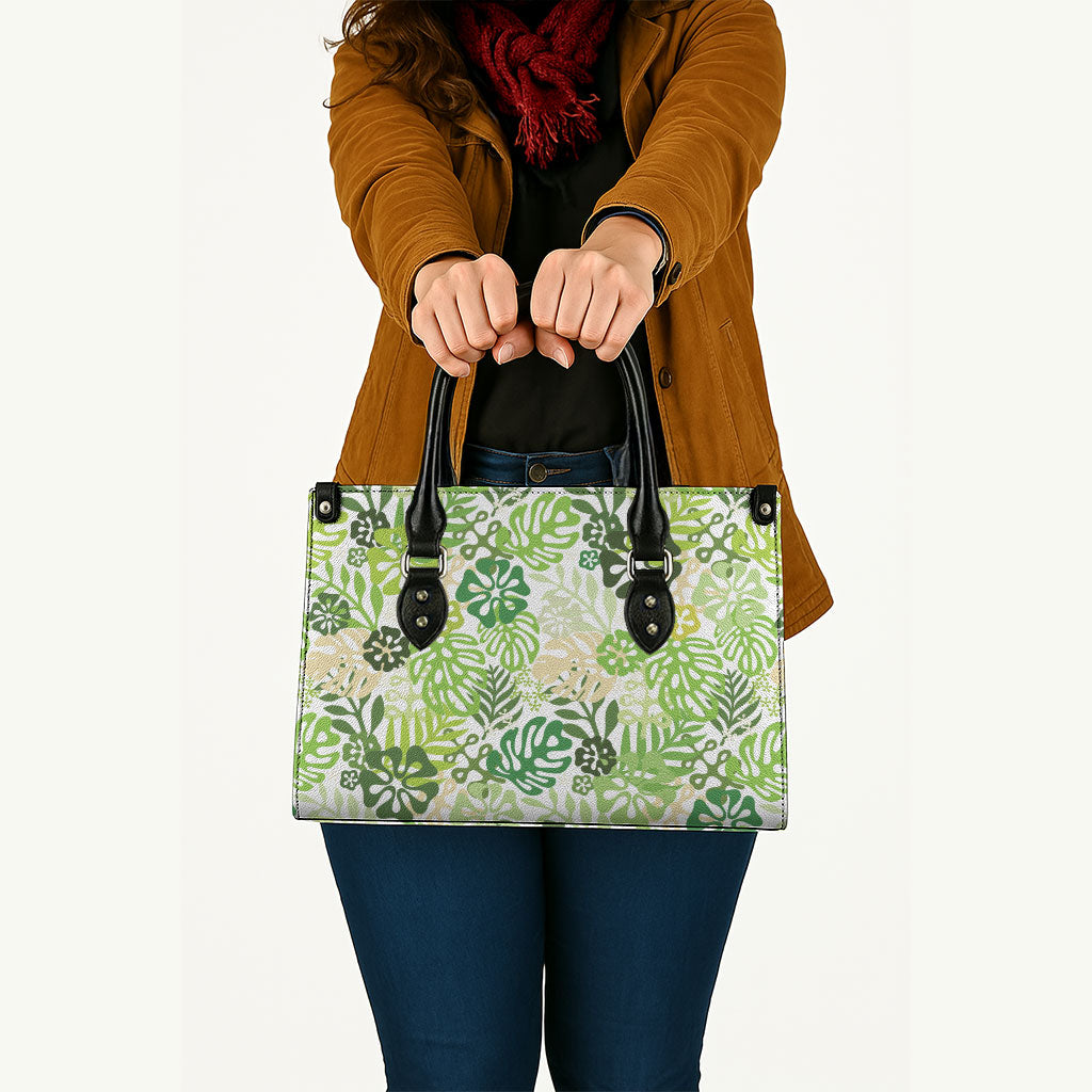 Green Aloha Hawaiian Leather Bag Monstera Hibiscus Tropical Pattern