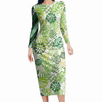 Green Aloha Hawaiian Long Sleeve Bodycon Dress Monstera Hibiscus Tropical Pattern