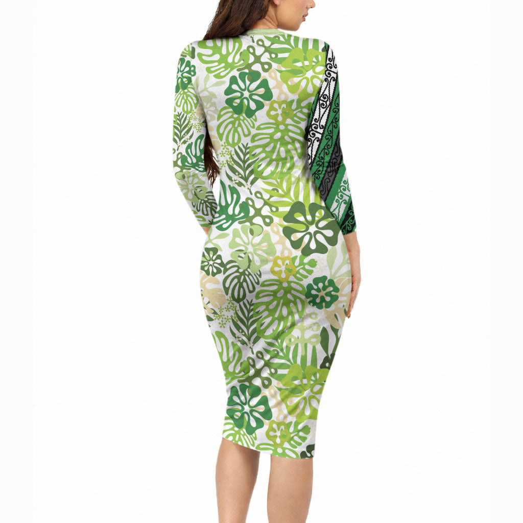 Green Aloha Hawaiian Long Sleeve Bodycon Dress Monstera Hibiscus Tropical Pattern