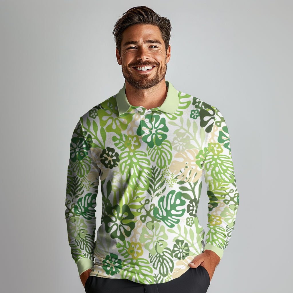 Green Aloha Hawaiian Long Sleeve Polo Shirt Monstera Hibiscus Tropical Pattern