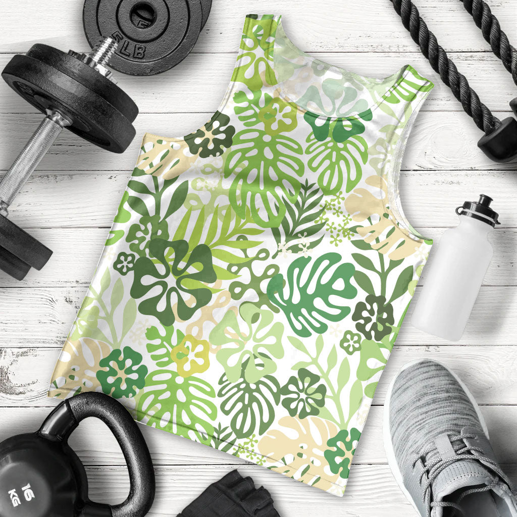 Green Aloha Hawaiian Men Tank Top Monstera Hibiscus Tropical Pattern