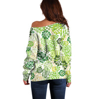 Green Aloha Hawaiian Off Shoulder Sweater Monstera Hibiscus Tropical Pattern