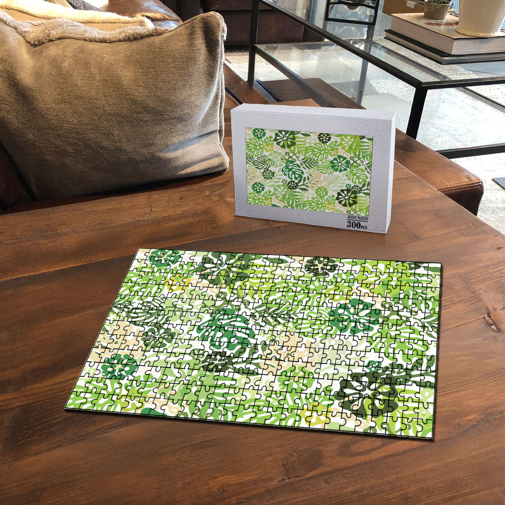Green Aloha Hawaiian Puzzle Monstera Hibiscus Tropical Pattern