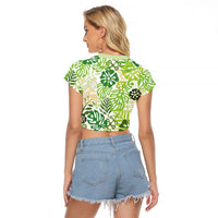 Green Aloha Hawaiian Raglan Cropped T Shirt Monstera Hibiscus Tropical Pattern