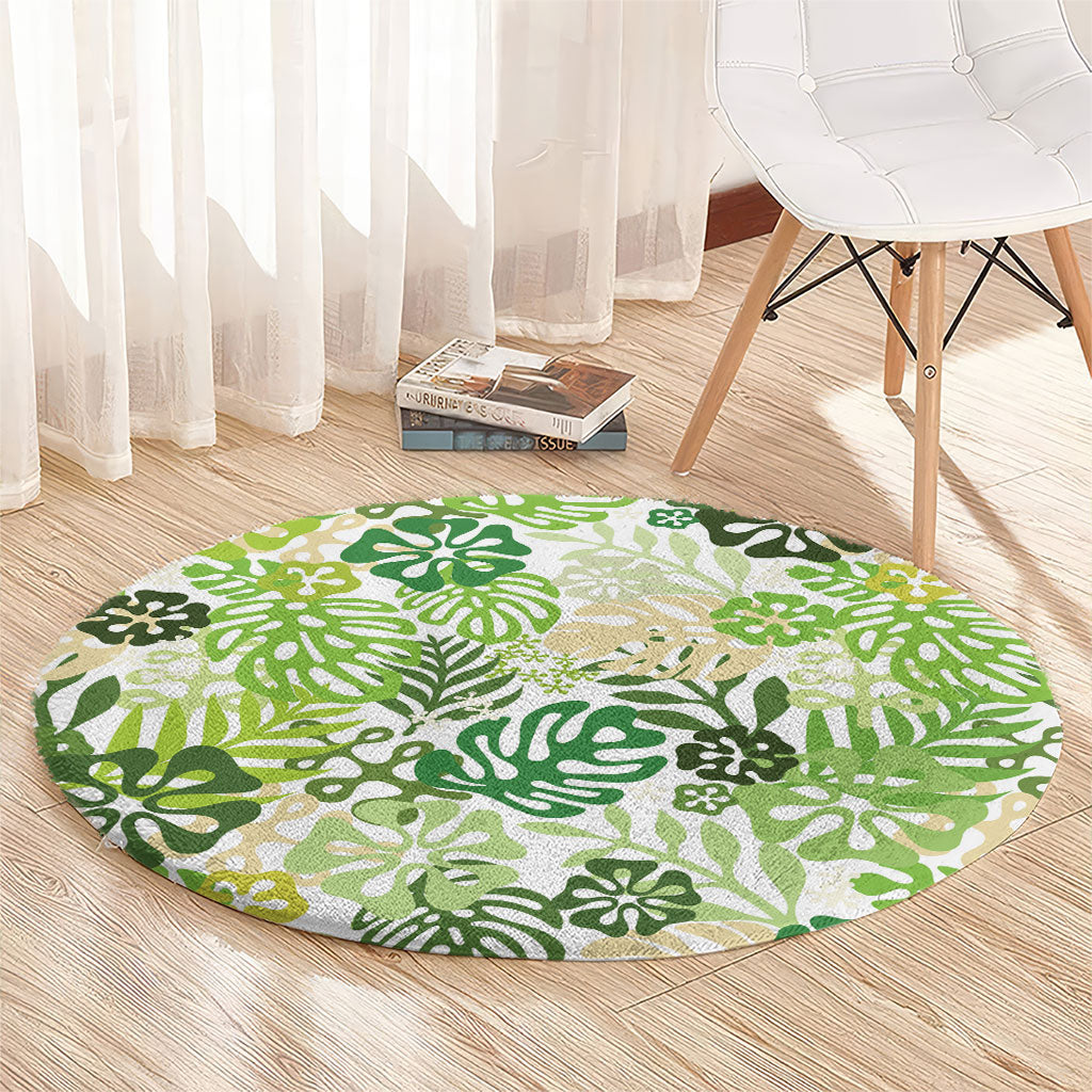 Green Aloha Hawaiian Round Carpet Monstera Hibiscus Tropical Pattern