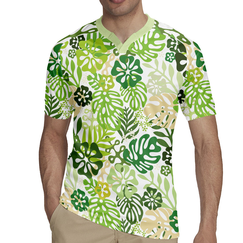 Green Aloha Hawaiian Rugby Jersey Monstera Hibiscus Tropical Pattern