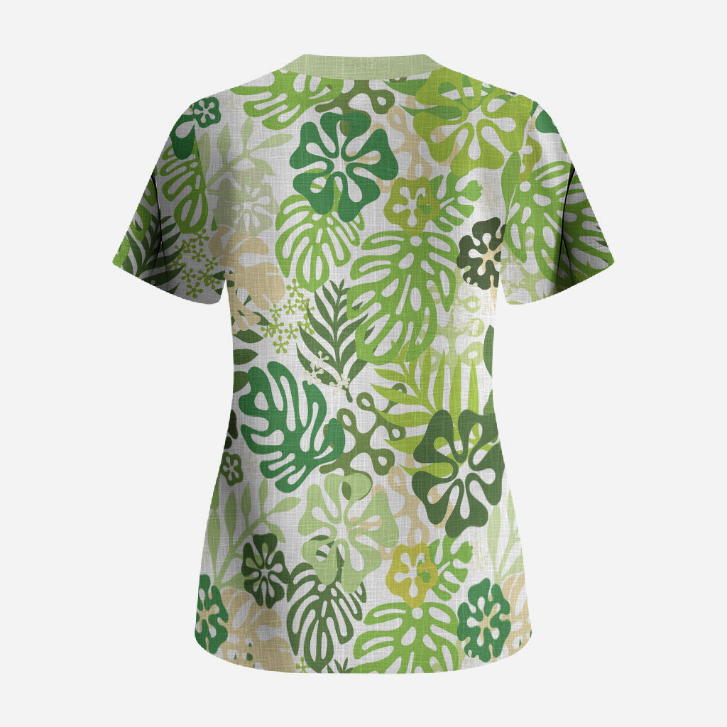Green Aloha Hawaiian Scrub Top Monstera Hibiscus Tropical Pattern