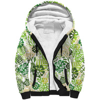 Green Aloha Hawaiian Sherpa Hoodie Monstera Hibiscus Tropical Pattern