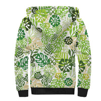 Green Aloha Hawaiian Sherpa Hoodie Monstera Hibiscus Tropical Pattern