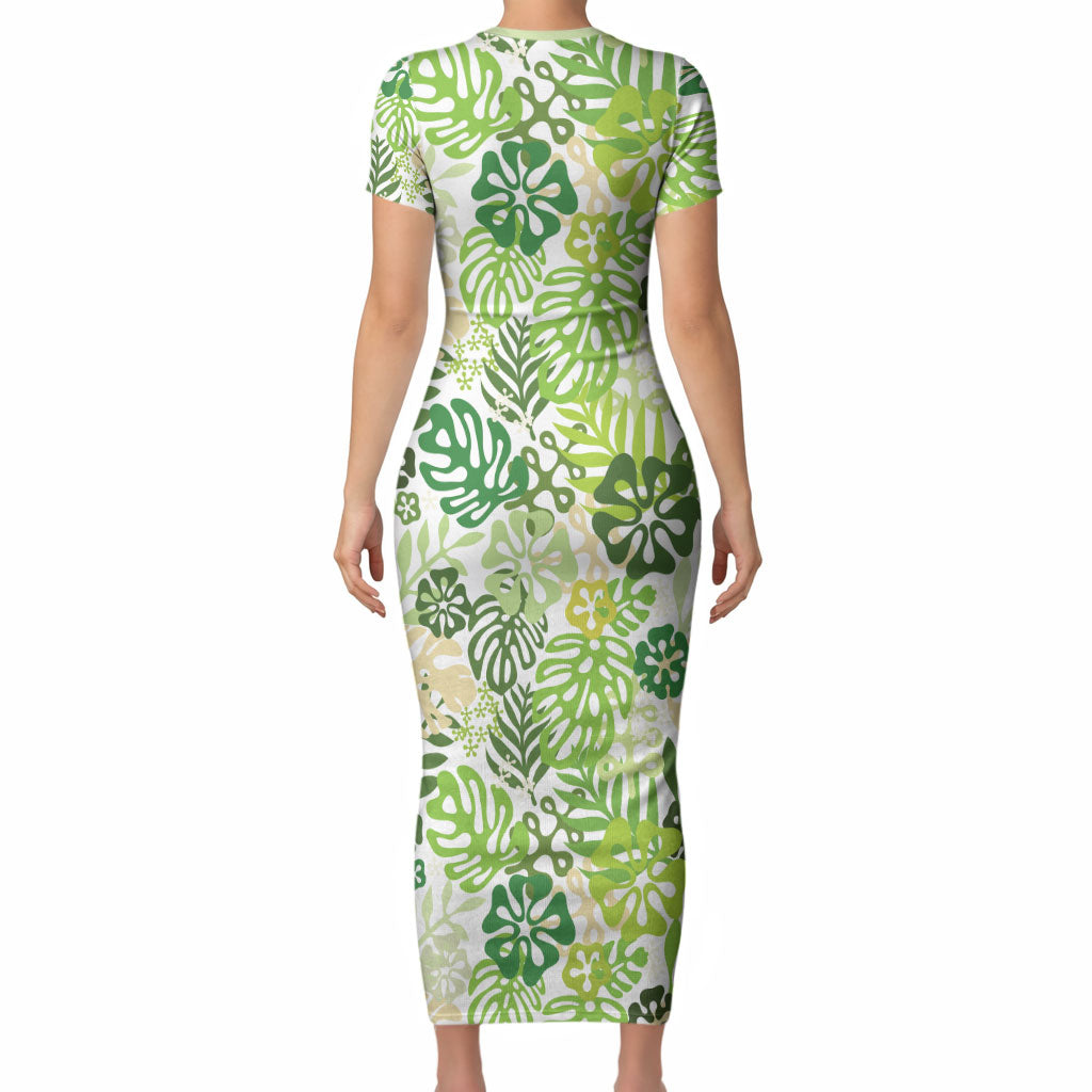 Green Aloha Hawaiian Short Sleeve Bodycon Dress Monstera Hibiscus Tropical Pattern