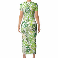 Green Aloha Hawaiian Short Sleeve Bodycon Dress Monstera Hibiscus Tropical Pattern