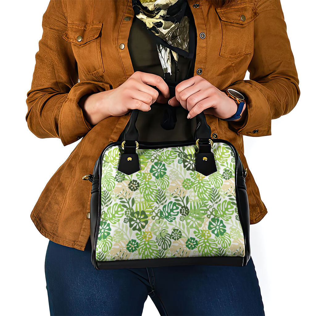 Green Aloha Hawaiian Shoulder Handbag Monstera Hibiscus Tropical Pattern