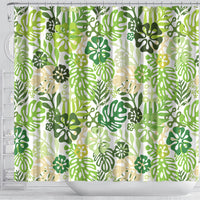 Green Aloha Hawaiian Shower Curtain Monstera Hibiscus Tropical Pattern
