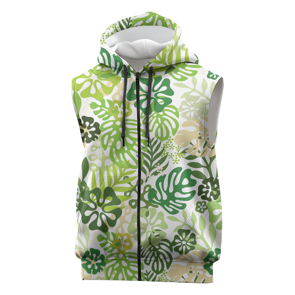 Green Aloha Hawaiian Sleeveless Zip Hoodie Monstera Hibiscus Tropical Pattern