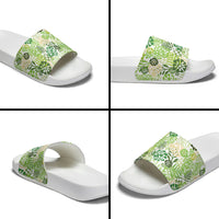 Green Aloha Hawaiian Slide Sandals Monstera Hibiscus Tropical Pattern