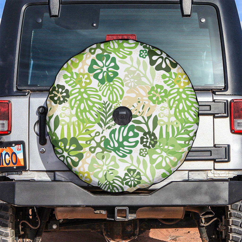 Green Aloha Hawaiian Spare Tire Cover Monstera Hibiscus Tropical Pattern