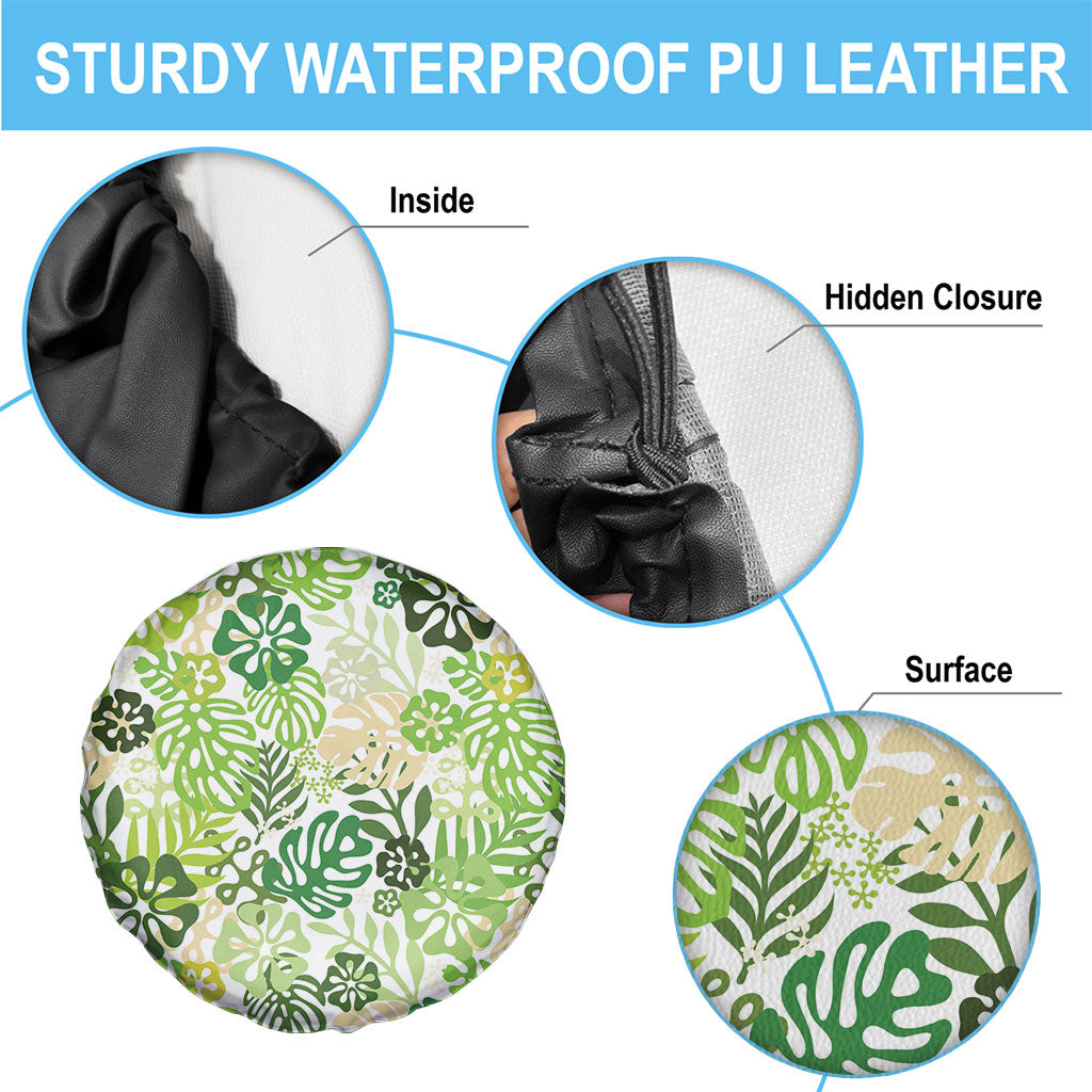 Green Aloha Hawaiian Spare Tire Cover Monstera Hibiscus Tropical Pattern