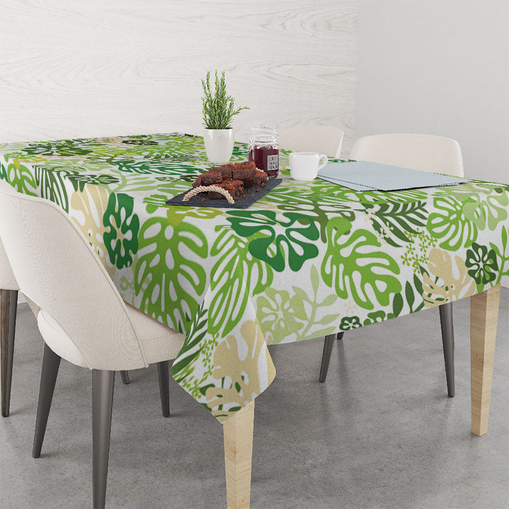 Green Aloha Hawaiian Tablecloth Monstera Hibiscus Tropical Pattern