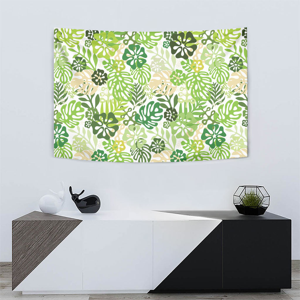 Green Aloha Hawaiian Tapestry Monstera Hibiscus Tropical Pattern