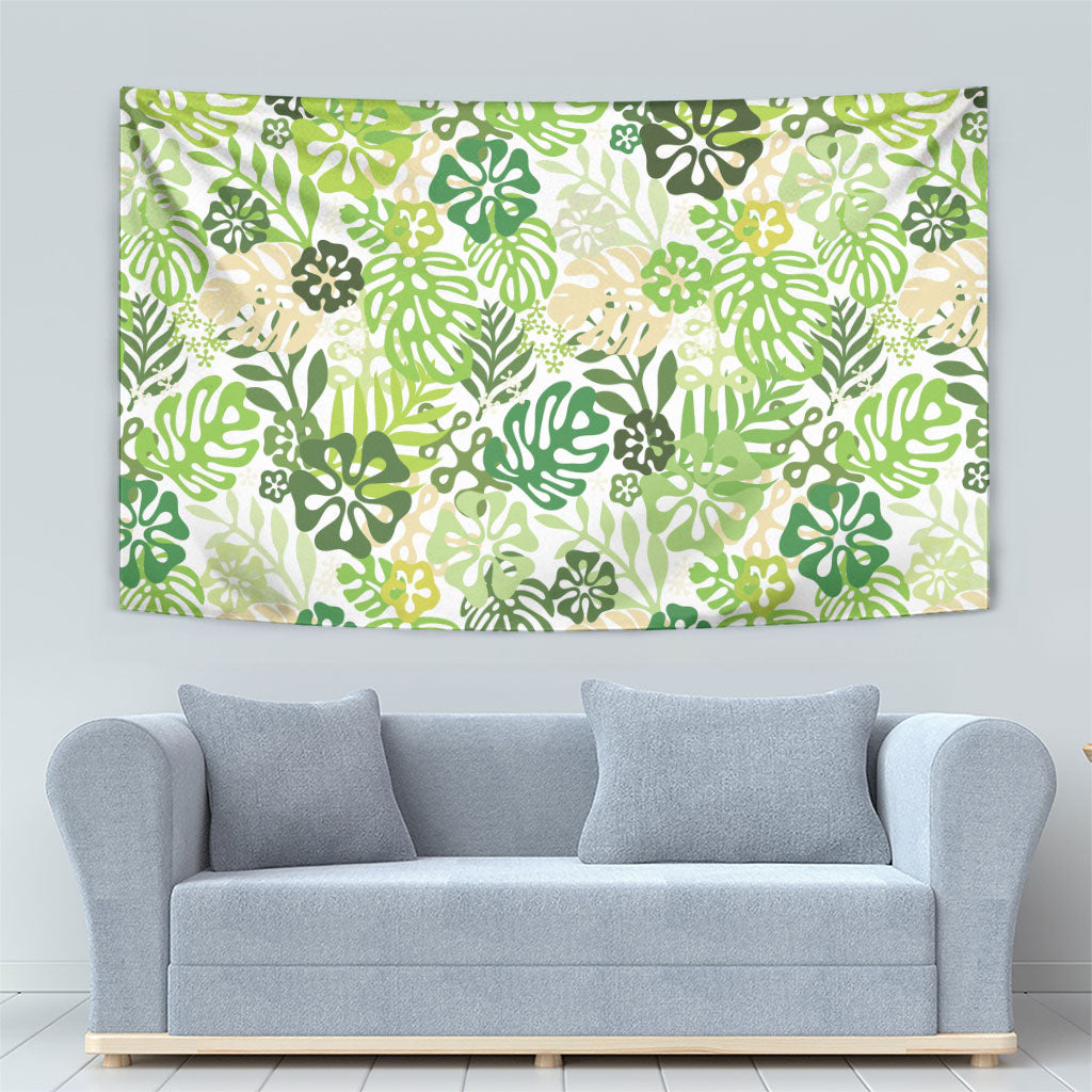 Green Aloha Hawaiian Tapestry Monstera Hibiscus Tropical Pattern