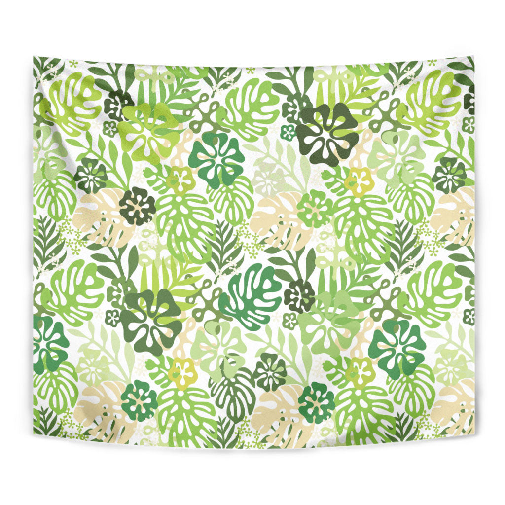 Green Aloha Hawaiian Tapestry Monstera Hibiscus Tropical Pattern