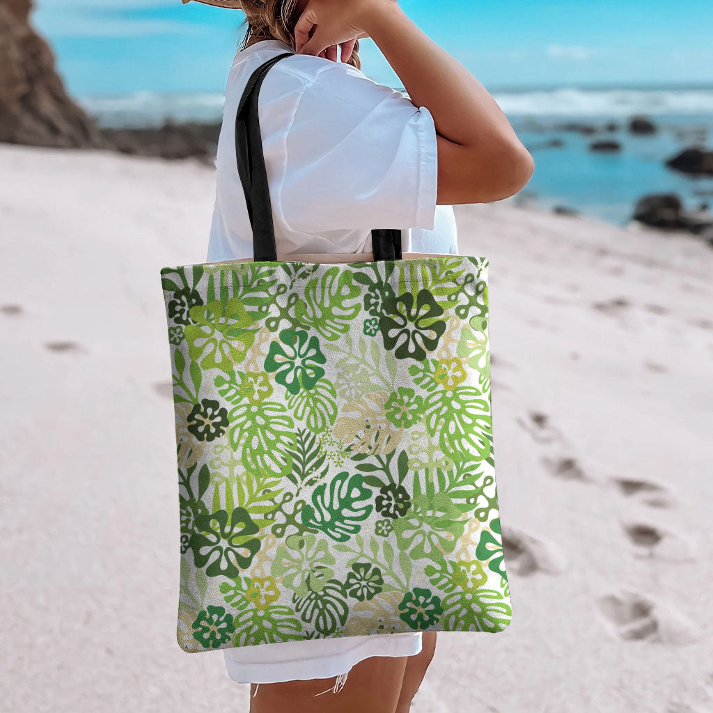 Green Aloha Hawaiian Tote Bag Monstera Hibiscus Tropical Pattern