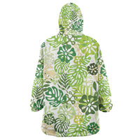 Green Aloha Hawaiian Wearable Blanket Hoodie Monstera Hibiscus Tropical Pattern