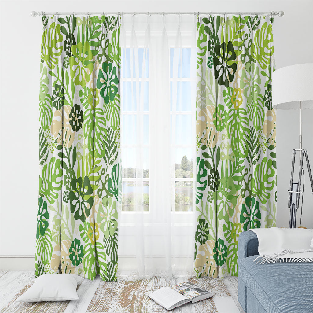 Green Aloha Hawaiian Window Curtain Monstera Hibiscus Tropical Pattern