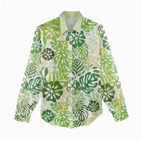 Green Aloha Hawaiian Women Casual Shirt Monstera Hibiscus Tropical Pattern
