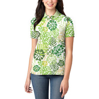 Green Aloha Hawaiian Women Polo Shirt Monstera Hibiscus Tropical Pattern