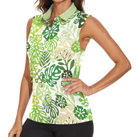 Green Aloha Hawaiian Women Sleeveless Polo Shirt Monstera Hibiscus Tropical Pattern