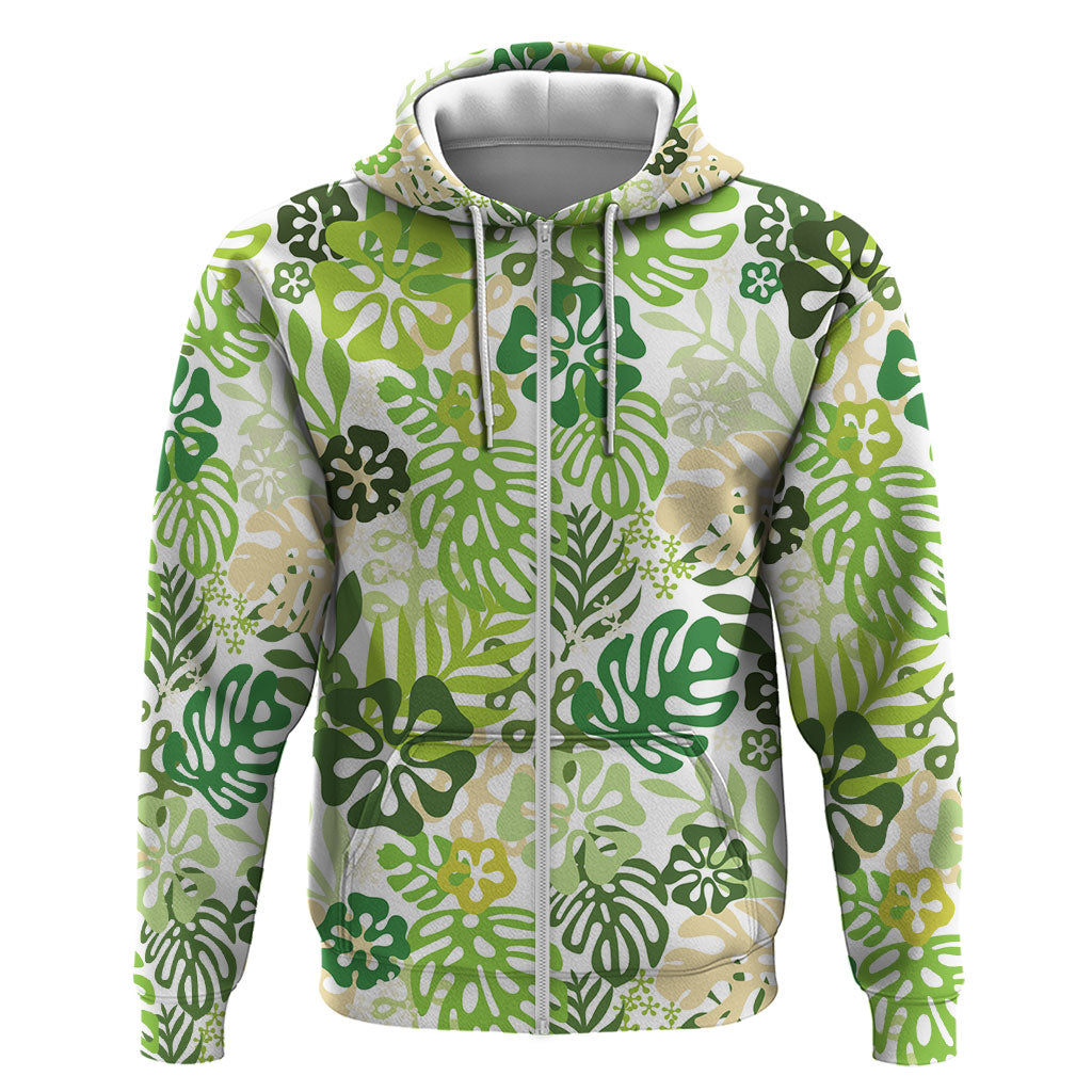 Green Aloha Hawaiian Zip Hoodie Monstera Hibiscus Tropical Pattern LT19 Zip Hoodie Green - Polynesian Pride