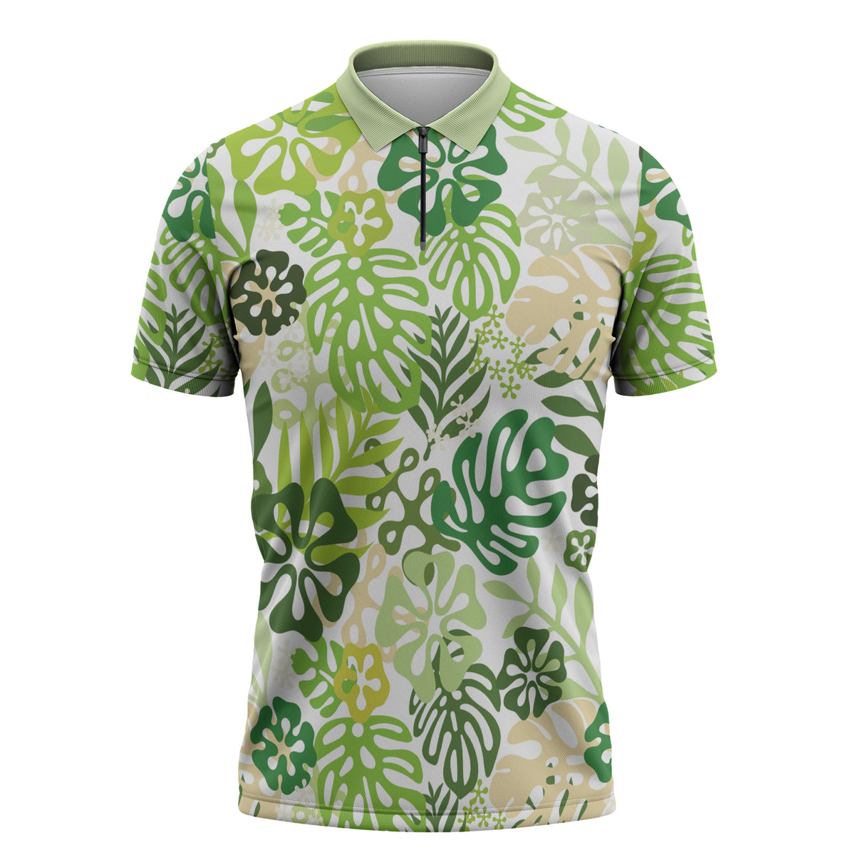 Green Aloha Hawaiian Zipper Polo Shirt Monstera Hibiscus Tropical Pattern