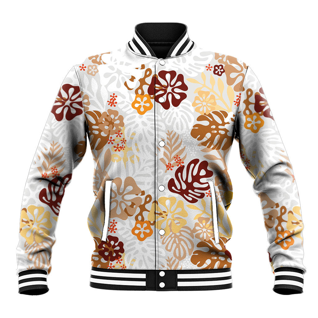 Brown Aloha Hawaiian Baseball Jacket Monstera Hibiscus Tropical Pattern