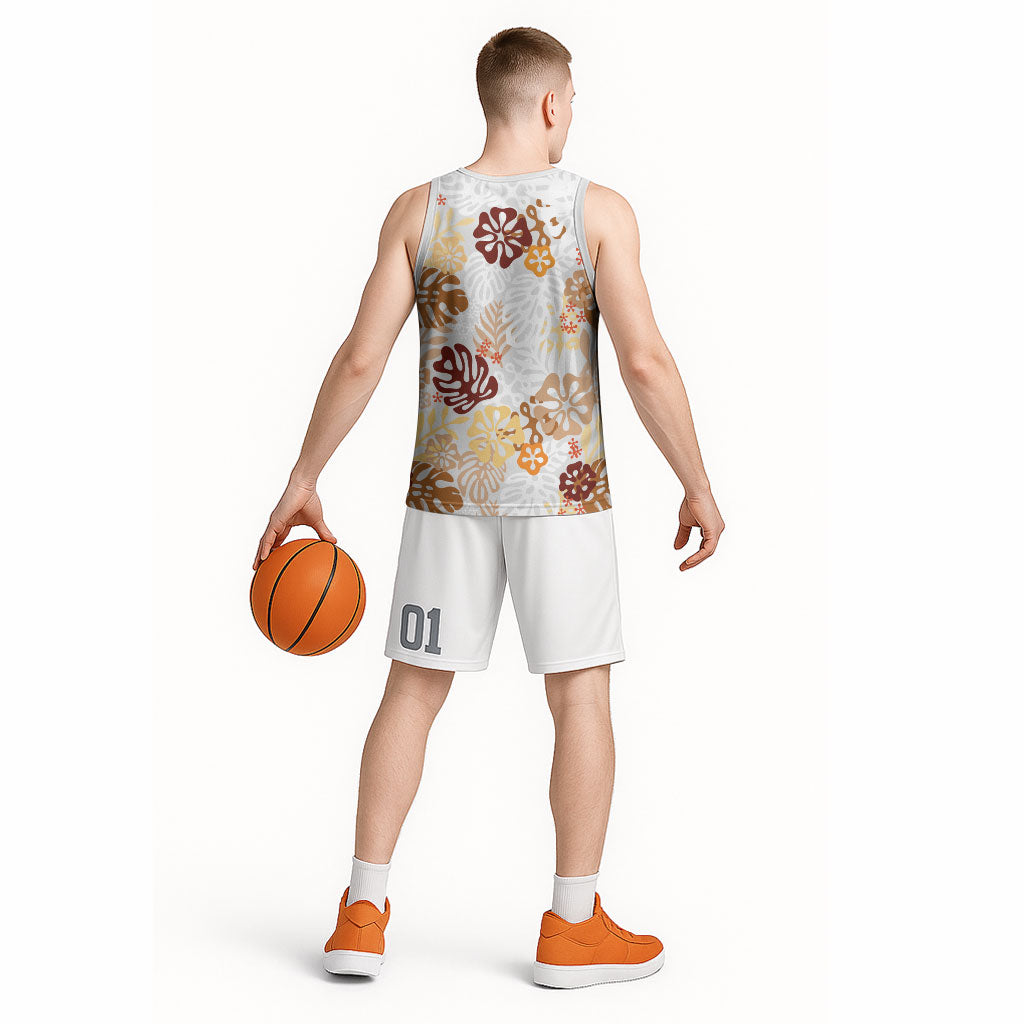 Brown Aloha Hawaiian Basketball Jersey Monstera Hibiscus Tropical Pattern