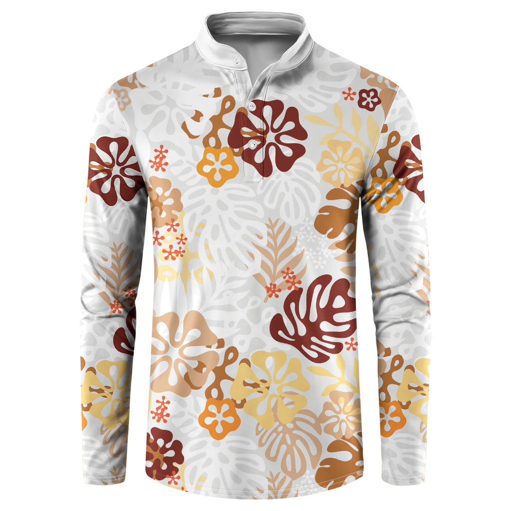 Brown Aloha Hawaiian Button Sweatshirt Monstera Hibiscus Tropical Pattern