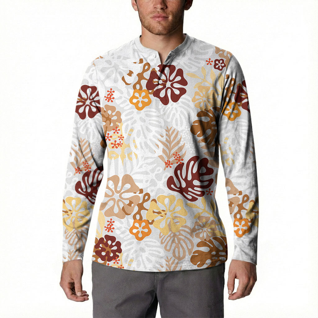 Brown Aloha Hawaiian Button Sweatshirt Monstera Hibiscus Tropical Pattern