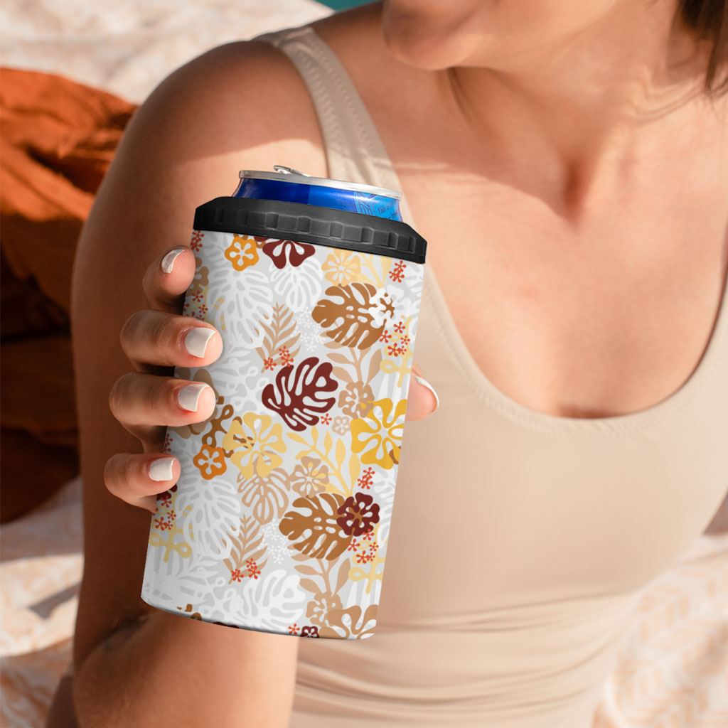 Brown Aloha Hawaiian 4 in 1 Can Cooler Tumbler Monstera Hibiscus Tropical Pattern