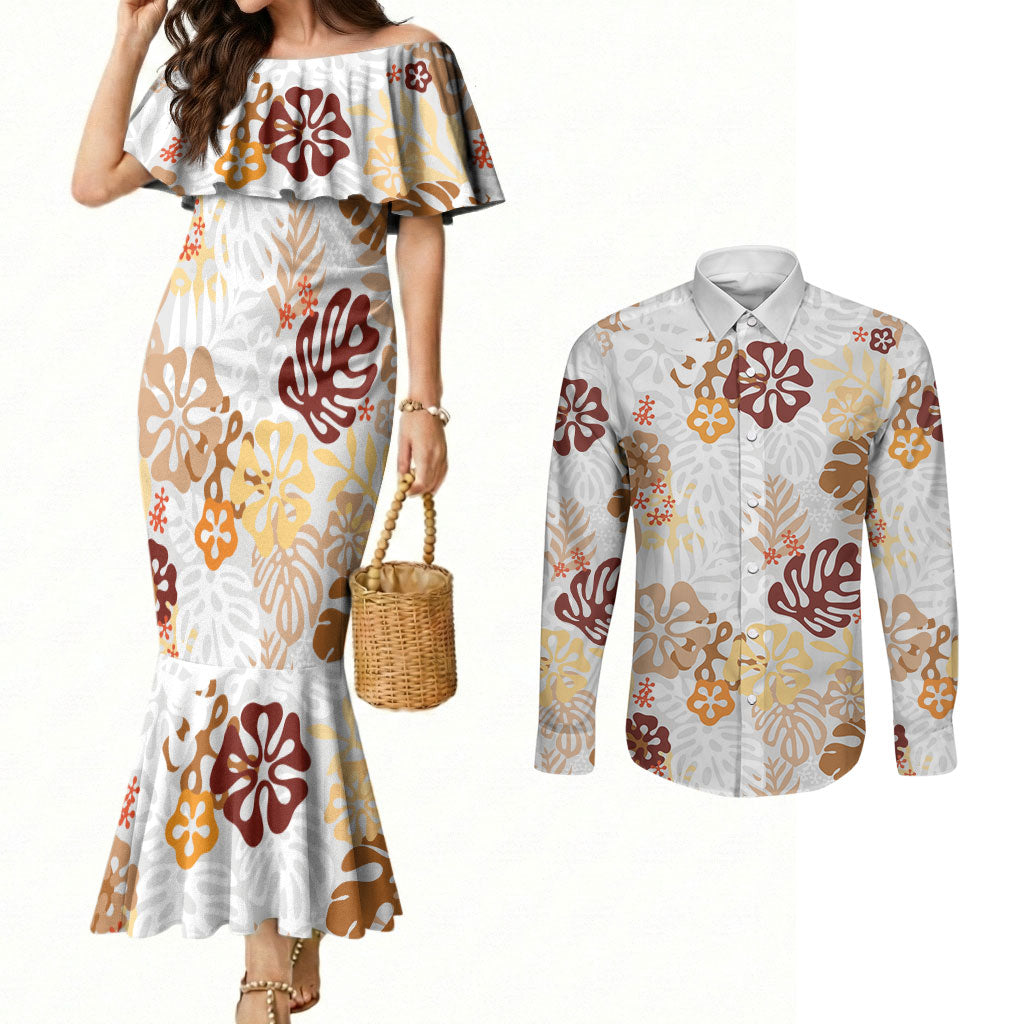 Brown Aloha Hawaiian Couples Matching Mermaid Dress and Long Sleeve Button Shirt Monstera Hibiscus Tropical Pattern
