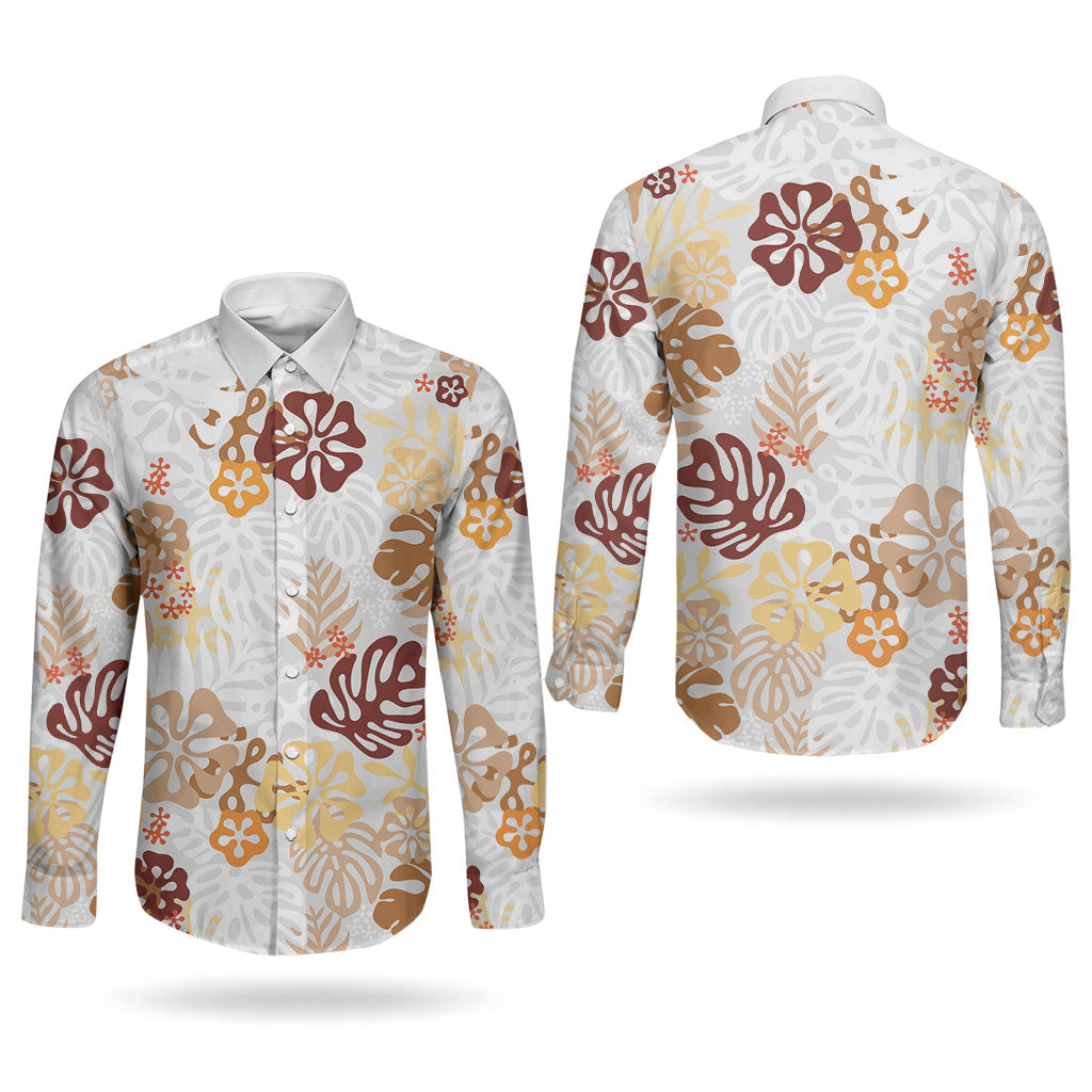 Brown Aloha Hawaiian Couples Matching Mermaid Dress and Long Sleeve Button Shirt Monstera Hibiscus Tropical Pattern