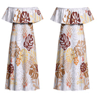 Brown Aloha Hawaiian Couples Matching Off Shoulder Maxi Dress and Hawaiian Shirt Monstera Hibiscus Tropical Pattern