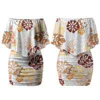 Brown Aloha Hawaiian Couples Matching Off Shoulder Short Dress and Hawaiian Shirt Monstera Hibiscus Tropical Pattern